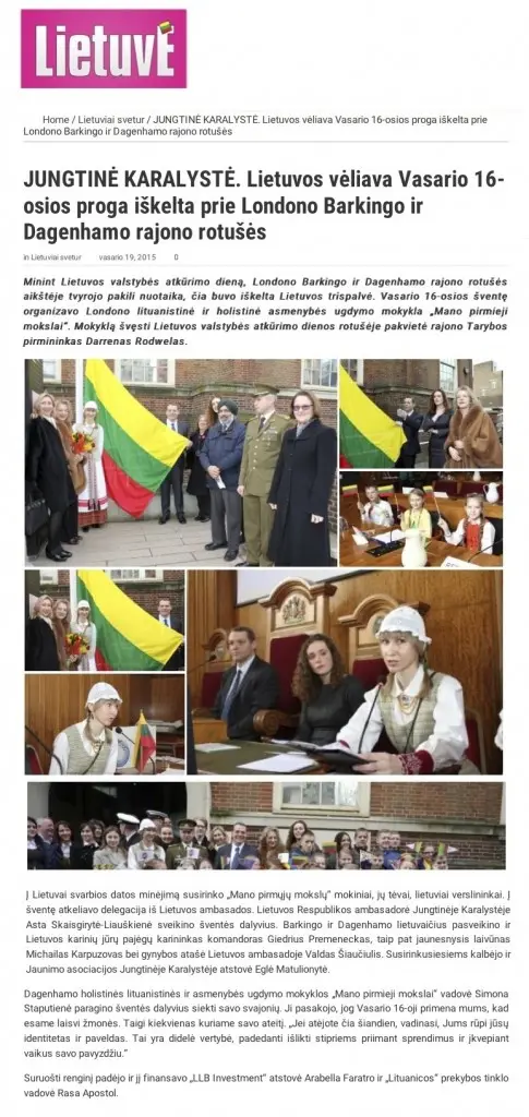 Lietuve “JUNGTINĖ KARALYSTĖ. Lietuvos vėliava Vasario 16-osios proga iškelta prie Londono Barkingo ir Dagenhamo rajono rotušės